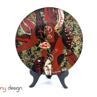 Round lacquer dish hand-painted with abstract painting included with stand Φ26 cm